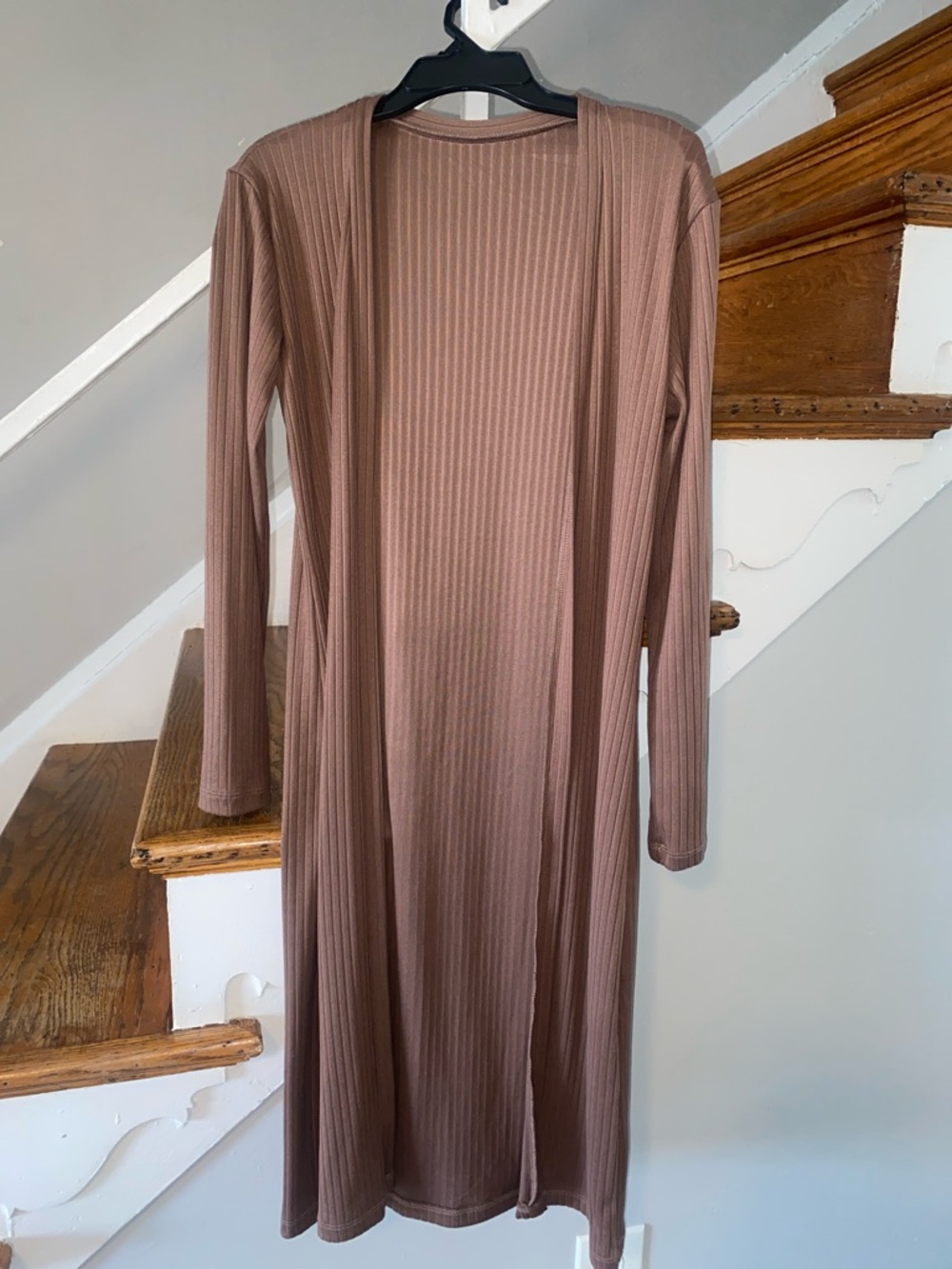 New Fashion Long Sleeve Ribbed Open-Front Dress Cardigan  Brown Size small
